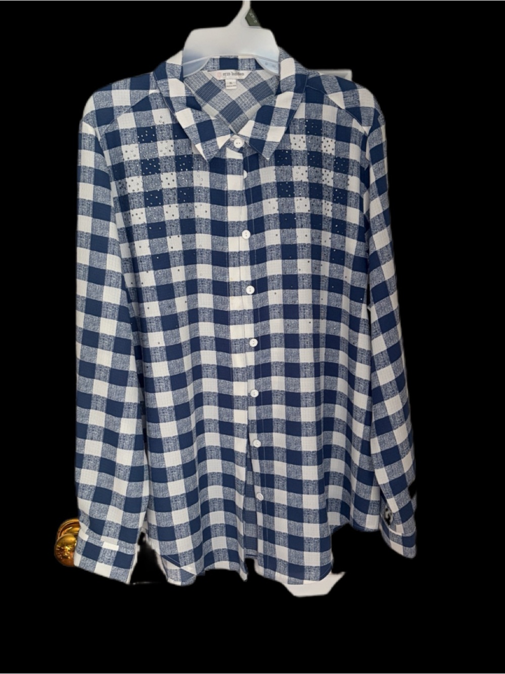 Erin London Checked Button-Down Shirt - Classic Collared Top Size XL